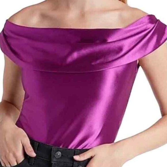 EXPRESS Bodysuit Vibrant Purple Metallic Glam Off The Shoulder Satin Thong Sz XL - Picture 1 of 10